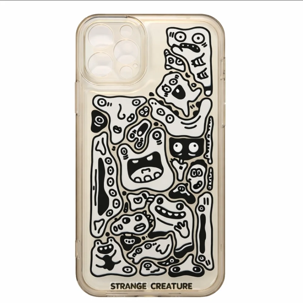 iPhone 13/14 Case Clear Strange Creature Doodle Print Abstract Cartoon Faces